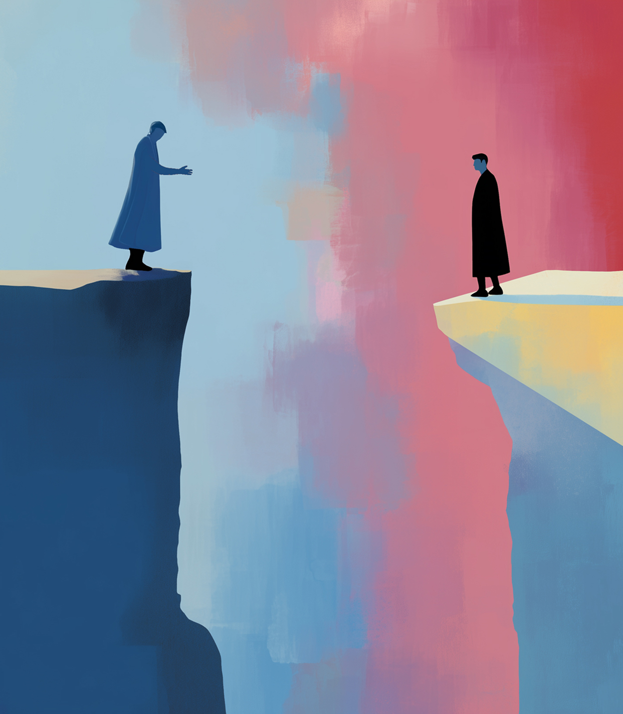 Two people reaching toward each other across a divide